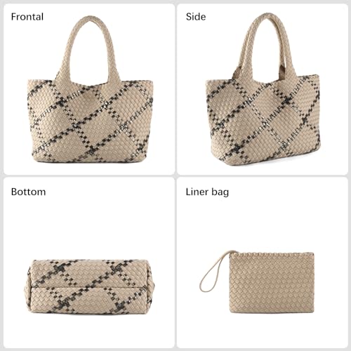 Woven Bag for Women, Large Neoprene Tote Bag Summer Beach Handbag Purse Retro Handmade Travel Shoulder Bag Set - color: Apricot-b