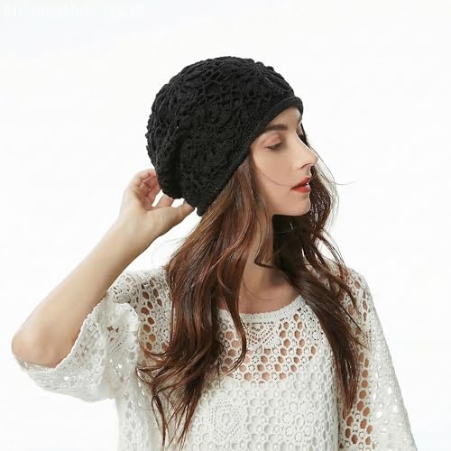 ZLYC Women Cotton Crochet Slouchy Beanie Hat Handmade Knit Summer Skull Cap - color: Black Knitted