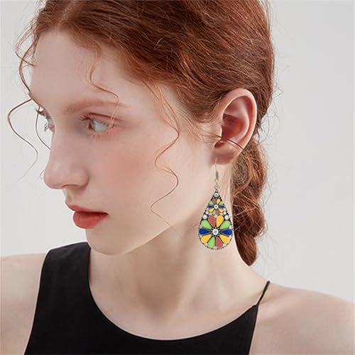 coadipress Bohemian Flower Teardrop Earrings for Women Trendy Vintage Colorful Hollow Out Flower Floral Dangle Earrings Bohemian Handmade Ethnic Statement Jewelry - color: Green Yellow