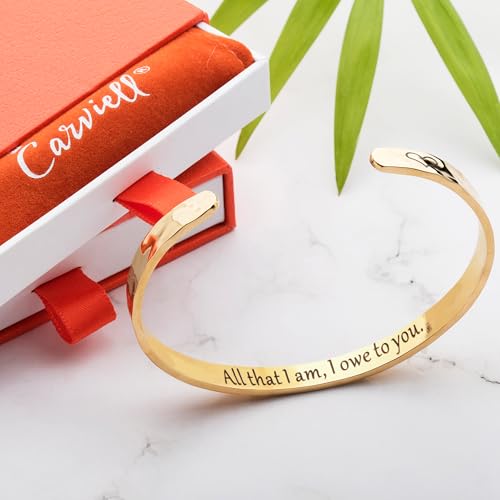 Carviell Bracelet - Gifts for Women – Inspirational, Friendship, Love, Mom, Daughter, Sister, Christian, Graduation, Memorial & Wedding Gifts – 100+ Phrases – Stainless Steel, Gift-Ready - style: MOM's Gift - All that I am, I owe to you.