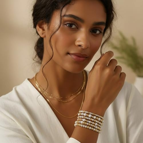 Gold Bracelets for Women Stackable 14K Gold Silver Plated Beaded Bracelets Stack Elastic Stretch Non Tarnish Bead Ball Stack Stretch Adjustable Dainty Jewelry Trendy Prom Gifts for Women - color: 7pcs-Pearl
