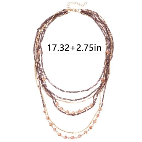 Boho Layered Necklace for Women Stacked Crystal Chain Necklace Beaded Pendant Boho Necklace Trendy Dainty Jewelry - color: Brown