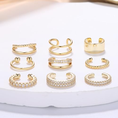 IRONBOX 9Pcs Ear Cuff Earrings for Women 14K Silver/Gold Ear Cuff Non Piercing Cartilage Clip Cuff Earrings Fake Earrings - color: 9Pcs Gold Tone CZ