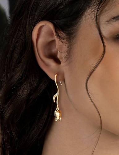 Mameloly Flower Earrings for Women Dainty 14K Gold Plated White Freshwater Pearl Stud Earrings Hypoallergenic - color: Tulip