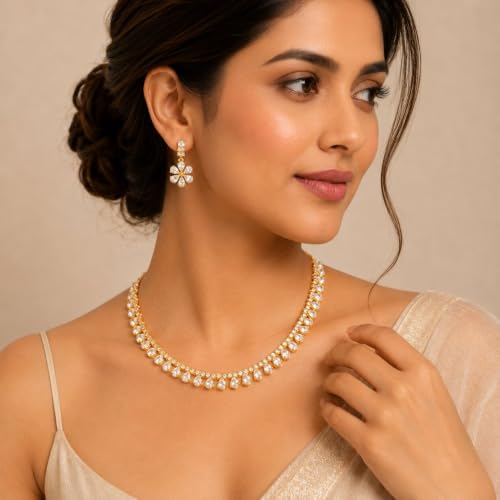 JewarHaat Indian Bollywood Necklace Set AD CZ Elegant Gold Plated Multi Stones Sparkling Crystals Choker with Earrings Fashion Jewellery for Women & Girls - color: White