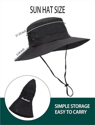 Womens Summer Sun Hat Beach Hat Wide Brim Outdoor UV Protection Hat Packable Mesh Bucket Hat with Ponytail Hole - color: Solid Black