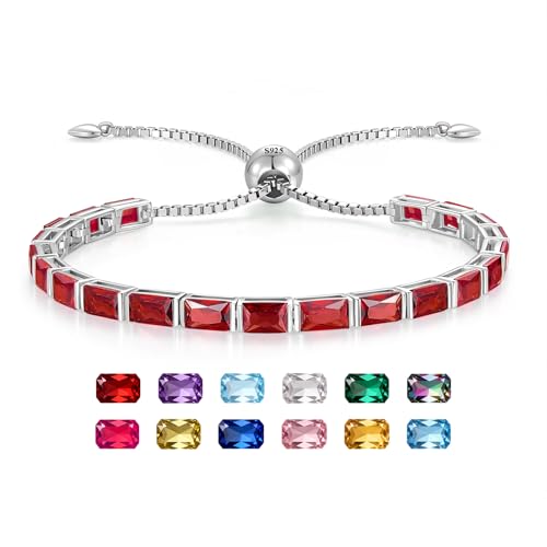 Radiant Cut Birthstone Tennis Bracelets for Women, Adjustable 6–9 Inches White Gold Plated Sterling Silver Bracelet, Hypoallergenic Anniversary Birthday Valentine’s Day Gift for Her - color: 01-Garnet