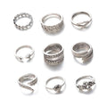 Vintage Silver Rings Set for Women, 9pcs Boho Stackable Knuckle Rings, Adjustable Open Band Finger Rings, Retro Floral & Geometric Design Fashion Jewelry Gift