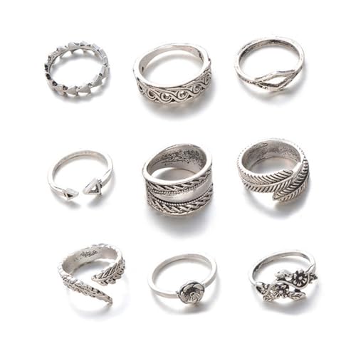 Vintage Silver Rings Set for Women, 9pcs Boho Stackable Knuckle Rings, Adjustable Open Band Finger Rings, Retro Floral & Geometric Design Fashion Jewelry Gift