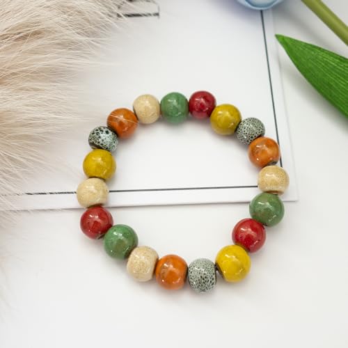 Handmade Multi-Color Faceted Ceramic Beads Bracelet for Women, Boho Stretch Bracelet with Oval Colorful Glazed Beads, Adjustable Bohemian Jewelry Gift for Mom Wife - color: big colorful
