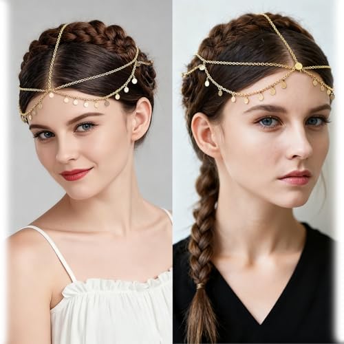 Boho Sequin Head Chain, Gold Sequins Head Chain Jewelry Elegant Exquisite Prom Headpiece Hair Chains