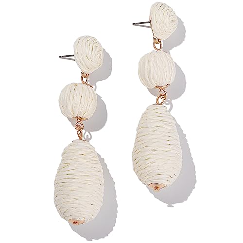 Boho Raffia Earrings Statement Dangle Earrings Cute Teardrop Ball Earrings Colorful Summer Jewelry Handmade Rattan Earrings for Women - color: White