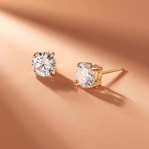 Amazon Essentials Plated Sterling Silver Cubic Zirconia Stud Earrings (Round & Princess) - color: White/Yellow Gold, size: 8 mm, style: Round Cut