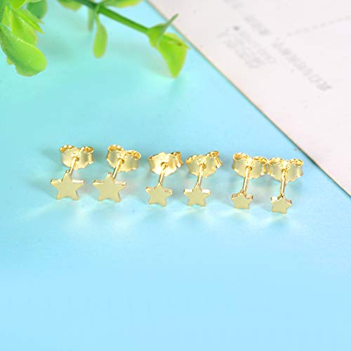 3 Pairs 925 Sterling Silver Star Stud Earrings for Women,Tiny Simple Geometric Stud Earrings Set Small Hypoallergenic Cartilage Tragus Ear Jewellery for Men (3/4/5mm) - color: 02 Gold-3Pairs-3/4/5mm