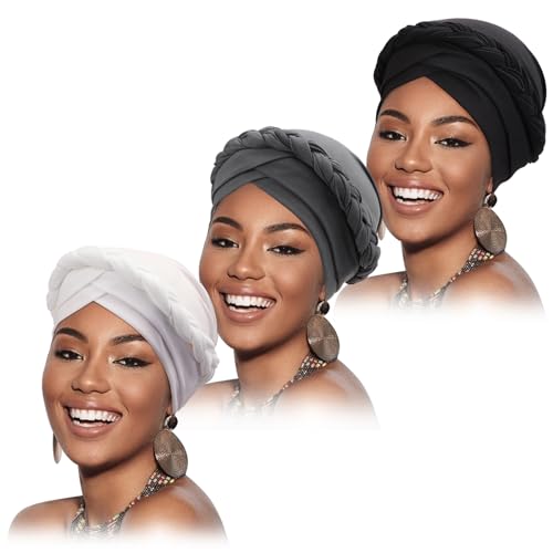 African Women Turban Caps Beanie Pre-Tied Twisted Braids Headwraps for Women Head Scarf Chemo Cancer Headwear Cap - color: 3 Pack Twisted Braid: Black/White/Dark Grey