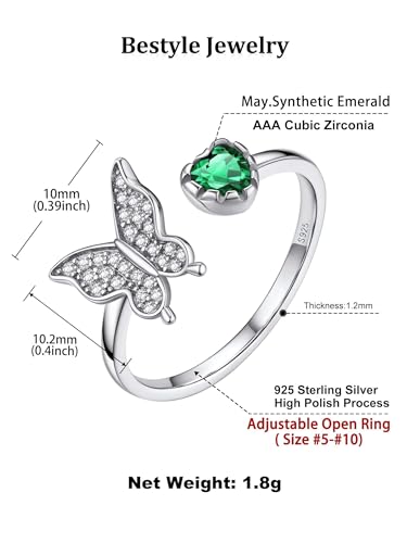 Bestyle 925 Sterling Silver Butterfly Ring Hypoallergnic Adjustable Birthstone Rings for Women Butterfly Jewelry Gifts for Anniversary Mothers' Day Birthday - color: 05.May(Emerald)