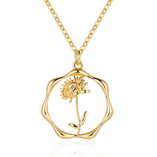 Gold Necklace for Women Birth Flower Necklaces 18K Gold Plated Custom Birth Month Floral Necklaces Birthday Gifts for Women - style: Gold-11-Chrysanthemum