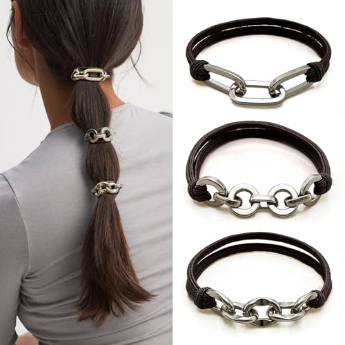 Brown Hair Ties Bracelets No Damage, Soft Elastic Ponytail Holders Hair Ties with Silver Jewelry for Girls Womens Cute Stretchy Hair Tie Accessories for Women Gifts (DK Brown with Silver) - color: DK Brown-04