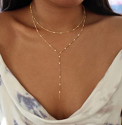 Foxgirl Lariat Gold Necklace for Women, Dainty Long Necklace 14k Gold Plated/Silver Y-Shaped Pendant Necklace Trendy Layered Cz Beaded Chain Drop Necklaces Simple Gold Jewelry For Women Gift - color: Y Layered Bar-GD