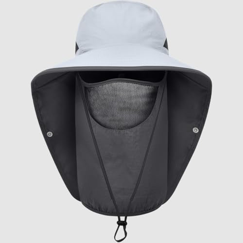 Womens Sun Hat Wide Brim UPF50+ Outdoor Sun Protection Ladies Fishing Hat with Neck Flap Detachable Face Cover - color: Light Grey