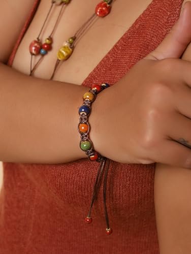 MINACHI Bohemian Colorful Ceramic Bead Adjustable Leather Bracelet, Boho Hippie Summer Jewelry Gift for Women - color: S01B