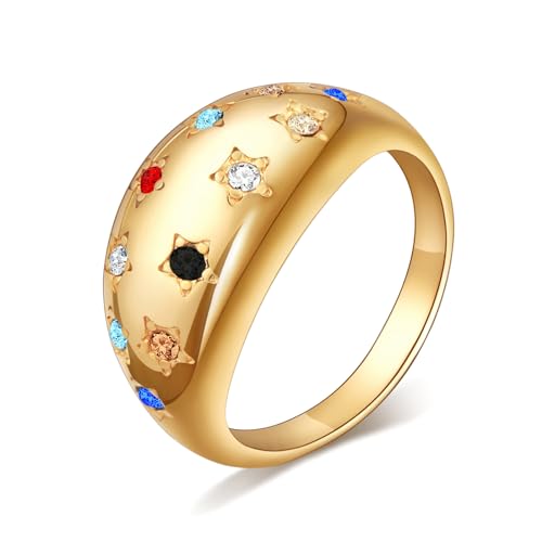 Gold Silver Rings Set for Women Chunky Statement Rings ZC Dome Evil Eye Croissant ring Thick 18K Gold Plated Band Rings - color: multi cz, size: 8