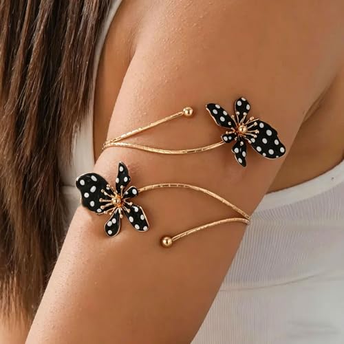 Flower Arm Cuff Bracelets for Women Adjustable Gold Upper ArmBand Jewelry Boho Floral Open Wrap Statement Bangle Bracelet Arm Cuff Jewelry Gifts for Women - color: Black polka dots