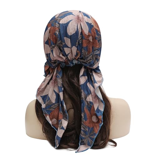 ZLYC Chemo Headwear Pre Tied Head Scarf Headwraps Lightweight Turban Beanie Cap for Women - color: Flower Blue
