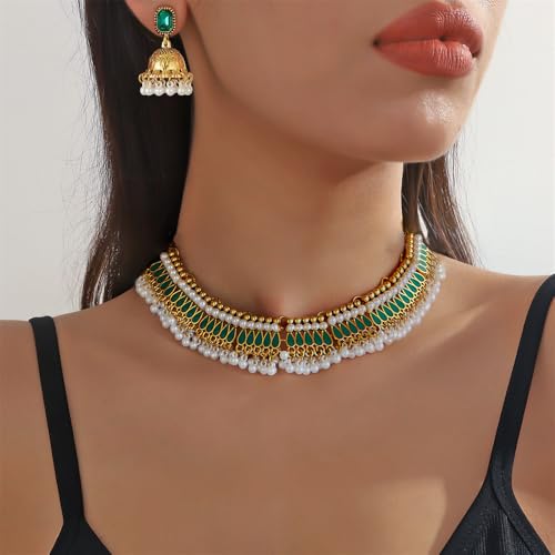 Bohemian Jhumka Earring Necklace Set for Women Bride Wedding Bollywood Crystal Pearl Beaded Antique Gold-Tone Indian Bell Jhumki Dangle Earrings Choker Necklace Ethnic Festive Party Wear Jewelry - color: Green