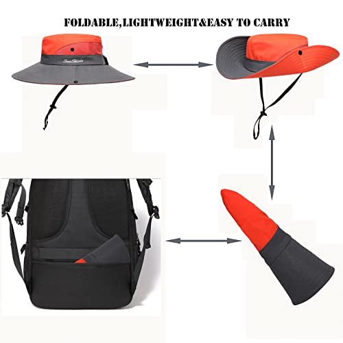 Womens Summer Sun Hat Beach Hat Wide Brim Outdoor UV Protection Hat Foldable Cool Mesh Ponytail Bucket Hat - color: Orange-grey
