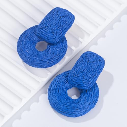 Statement Raffia Earrings Cute Boho Earrings Rattan Dangle Earrings Handmade Straw Wrap Earrings Summer Drop Dangling Earrings for Women Teen Girls - color: Royal Blue
