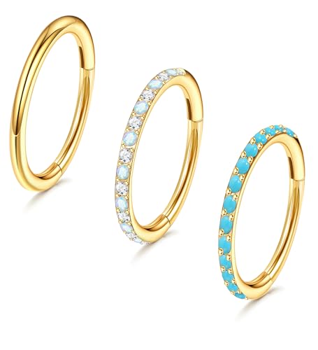 3pcs Nose Rings Hoops - 316L Surgical Steel Nose Hoops 16G/18G/20G CZ Opal Turquoise Clicker Septum Nose Ring Lip Helix Cartilage Hoop Earring Daith Rook Conch Body Piercing Jewelry for Women Men 6mm 8mm 10mm - color: Gold, size: 16 gauge(1.2mm)-6mm
