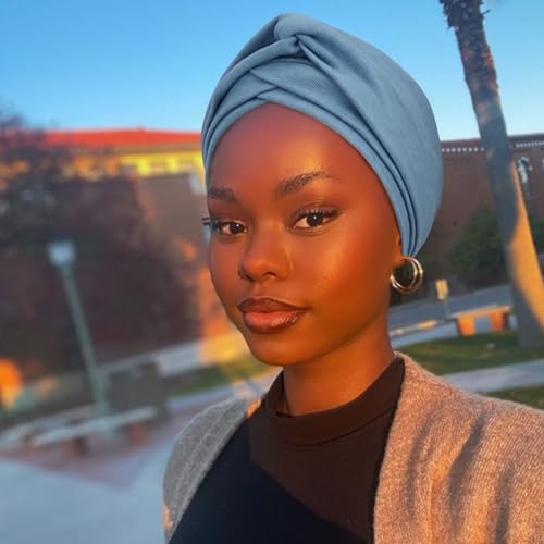 AQOKKA African Turban for Women Knotted Hair Wraps for Turban Head Scarf for Black Women Hair Cancer Chemo Headwear Cap - color: Twisted Braid: 1 Pack Blue Grey