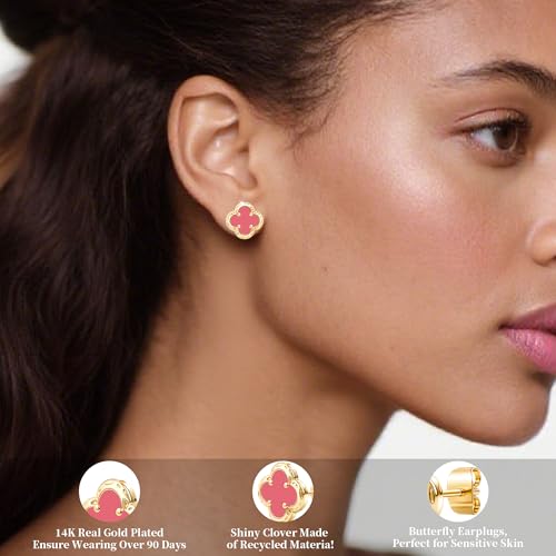 Elegant Black Onyx Clover Stud Earrings, 14K Gold Plated Four Leaf Hypoallergeinc Stud Stainless Steel Flower Earring Lucky Simple Jewelry Gift for Women Shiny Multiple Onyx Colors - color: Pink Clover Stud Earrings