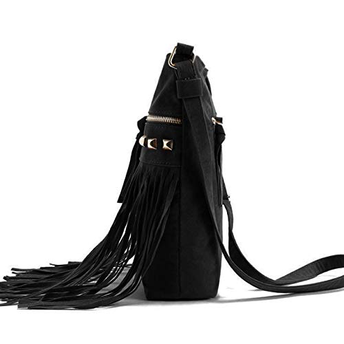 Hoce Women’s Leather Fringe Messenger Bag Large Hobo Crossbody Tassel Shoulder Bags, Gift for Mom Wife Girlfriend - color: E-black