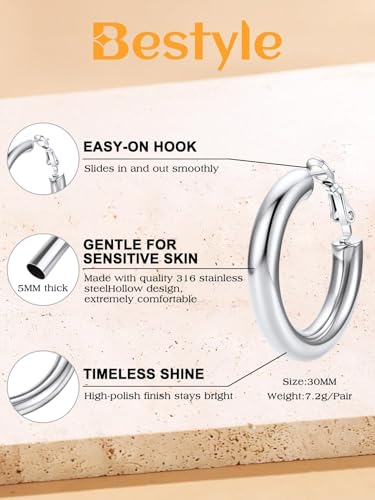 Bestyle 5mm Thick Gold Hoop Earrings Hypoallergenic Hoops for Sensitive Ears Trendy Lightweight Chunky Earrings for Women 30/40/60/80mm - color: 01-Silver, size: 30mm