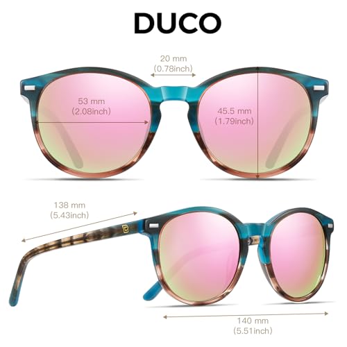 DUCO Women's Trendy Retro Round Acetate Polarized Sunglasses, UV400 99% Glare Block, Lightweight for Daily & Outdoor - color: Blue Tortoise Frame Pink Mirror
