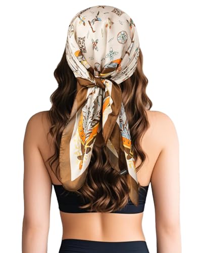 Sumolux Head Hair Scarf for Women Like Satin Silk Scarf Bandana Hair Wrapping Night Large Square Scarves 27.5" - color: Khaki Feather