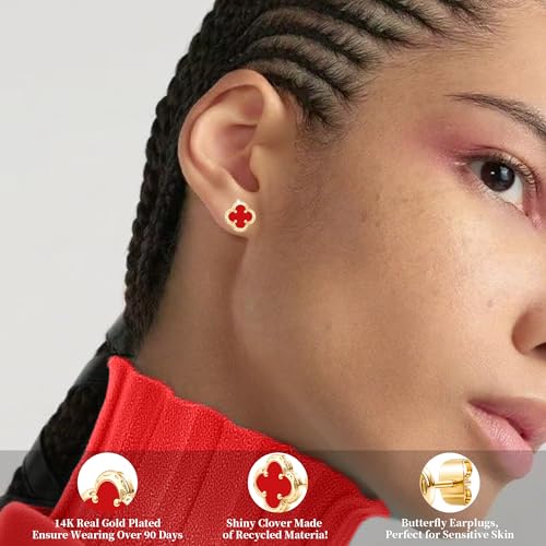 Elegant Black Onyx Clover Stud Earrings, 14K Gold Plated Four Leaf Hypoallergeinc Stud Stainless Steel Flower Earring Lucky Simple Jewelry Gift for Women Shiny Multiple Onyx Colors - color: Red Clover Stud Earrings
