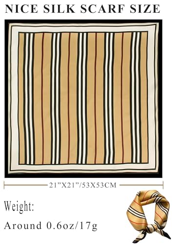 100% Mulberry Silk Scarf for Women Hair Lightweight Square Neckerchief Wrap For Head Scarves 21" - color: 32-khaki Stripes /21"*21"