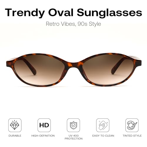 FEISEDY Retro Oval Sunglasses for Women Cat Eye 90s Lightweight Narrow Shades Trendy Sun Glasses B4196 - color: Tortoise/Gradient Brown