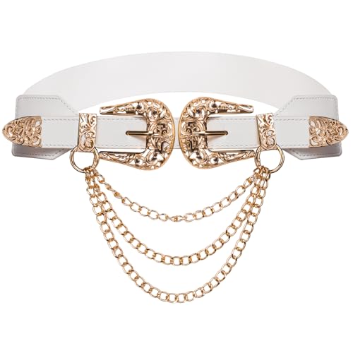 Dubulle Womens Belt Chain Leather Belts Vintage Western Adjustable Elastic Double Buckle for Cowboy Pant Dress - color: White Gold