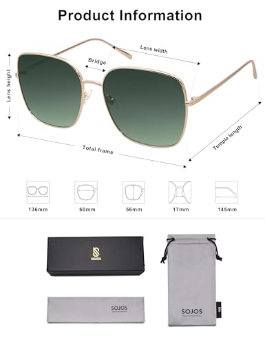 SOJOS Trendy Oversized Square Metal Frame Sunglasses for Women Men Retro Big Flat Lens UV Protection Sunglasses SJ1146 - color: Gold/Gradient Greyish-green