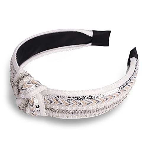 TOBATOBA Knotted Headbands for Women Sequins Pearl Headband Top Knot Head band Turban Boho Head bands for Women Beaded Wide Hairband Fashion Elegant Ladies Hair Band 3 Pack (Black, White, Red) - color: Color 3