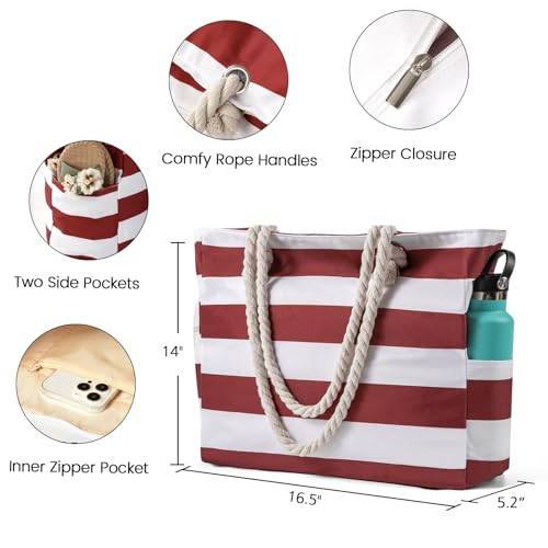 Clothirily Beach Bag for Women - Large Beach Tote Bag, Waterproof Sandproof Beach Bag with Zipper, Large Swim Pool Beach Tote - color: Red