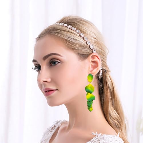 Long Acrylic Rose Petal Earrings Dangle Exaggerated Flower Earrings Drop Statement Floral Tassel Earrings for Women - color: Neon Green + Yellow