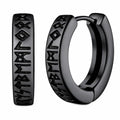 Viking Rune Hoop Earrings for Men, Black Stainless Steel Norse Amulet, Engraved Huggie Earrings, Mythological Warrior Jewelry