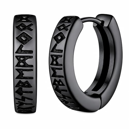 Viking Rune Hoop Earrings for Men, Black Stainless Steel Norse Amulet, Engraved Huggie Earrings, Mythological Warrior Jewelry