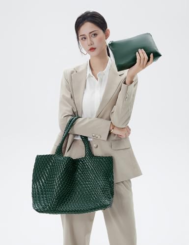 Handmade Woven Tote Bag for Women, Soft Vegan Leather Shoulder Bag with Purse, Large Travel Handbag - color: Dark Green
