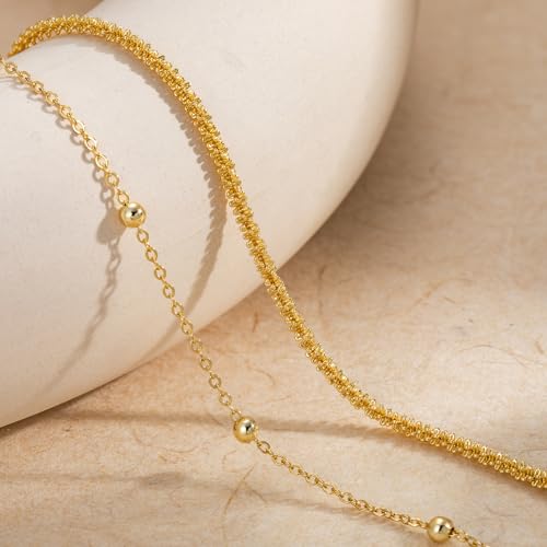 Tewiky Sterling Silver Plated Ankle Bracelets for Women,Dainty Layered Waterproof Anklet for Women Adjustable Sparkly Herringbone Beaded Rope Chain Set Stackable Cute Summer Beach Jewelry Gift - color: gold2